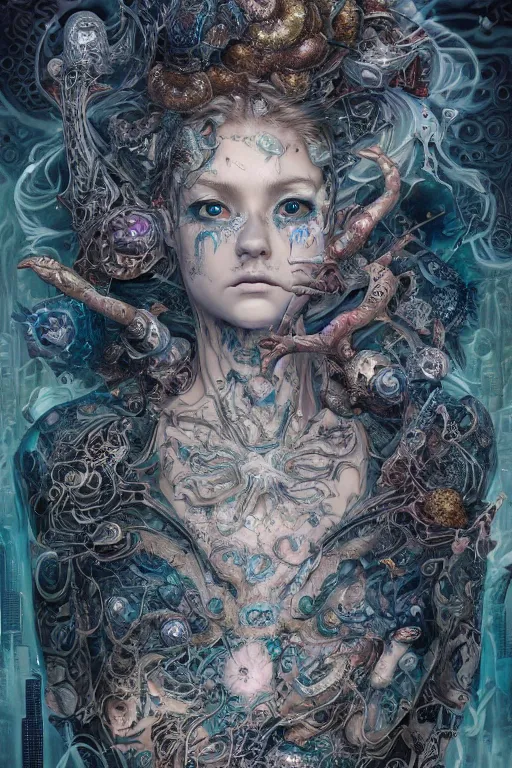 Prompt: A fractal Mesmerizing 8k hyperrealistic Photo Portrait of a pale skinned human with a tattoo by Joe Fenton that is transforming into iridescent geometry, cyberpunk, Surrounded by Mist, highly detailed, intricate, sci-fi, sharp focus, art by Ayami Kojima, Daytoner, Greg Tocchini, James Jean,Yoshitaka Amano. Subsurface scattering. Octane Render.