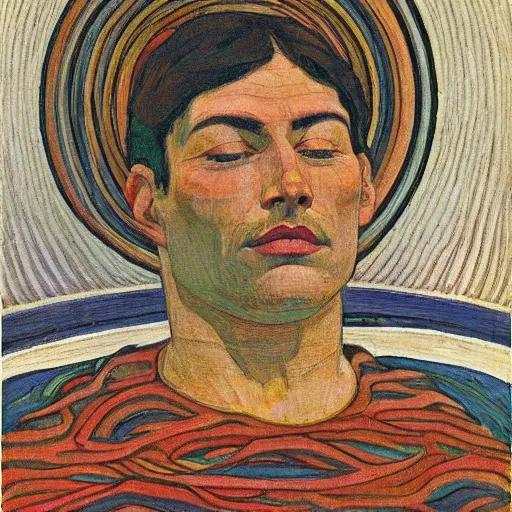 Prompt: by tom thomson, by louis rhead straight surrealism. a art installation of a man with a large head, sitting in a meditative pose. his eyes are closed & he has a serene look on his face. his body is made up of colorful geometric shapes & patterns that twist & turn in different directions.