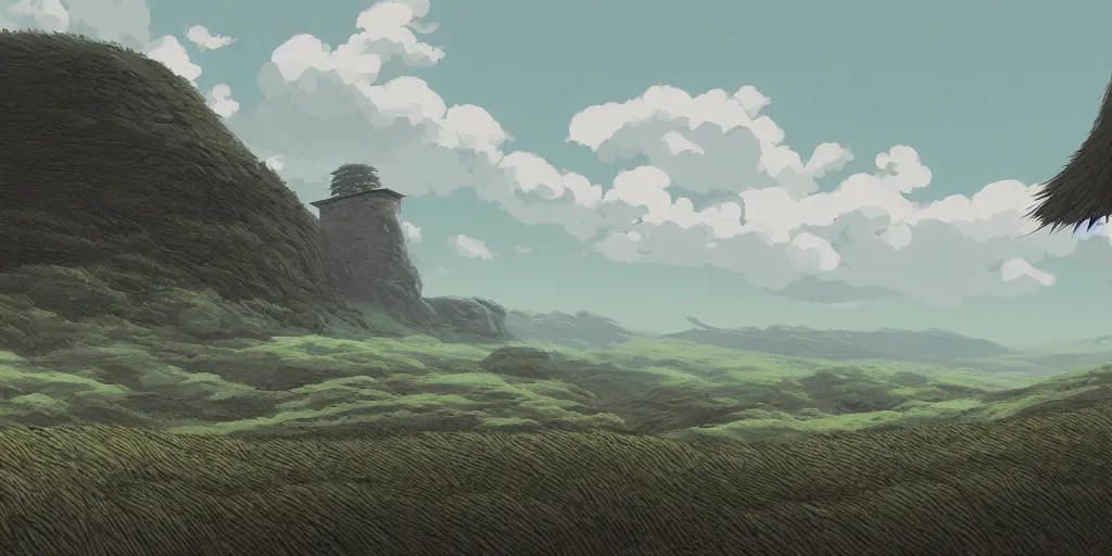 Image similar to landscape, no people, Ghibli, Anime Background, Miyazaki Hayao, concept art, illustration,smooth, sharp focus, intricate, super wide angle, trending on artstation, trending on deviantart, 4K