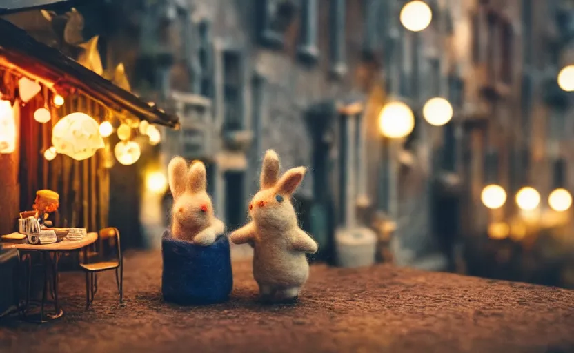 Image similar to miniature cafe diorama macro photography, cafe with felted bunnies on a date, alleyway, ambient, atmospheric, british, cozy, bokeh, romantic, colorful lanterns