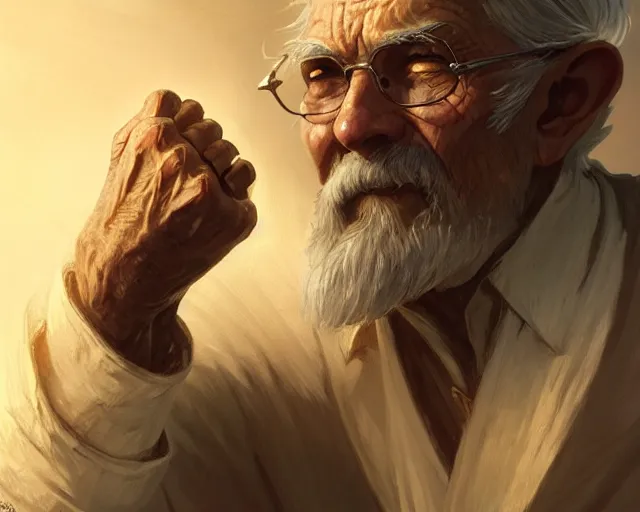 Prompt: old man with a ring on each finger, deep focus, d & d, fantasy, intricate, elegant, highly detailed, digital painting, artstation, concept art, matte, sharp focus, illustration, hearthstone, art by artgerm and greg rutkowski and alphonse mucha