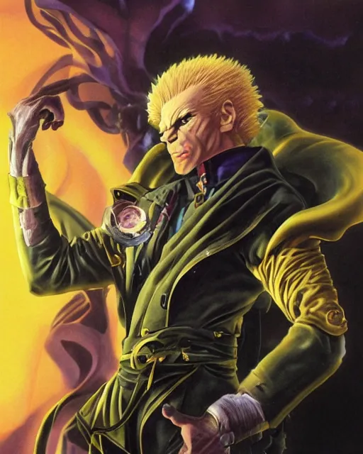 Image similar to portrait of dio from jojo bizzare adventure painted by hirohiko araki and wayne barlowe and greg rutkowski