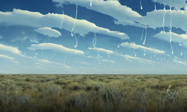 Image similar to panorama of big raindrops flying upwards into the perfect cloudless blue sky from a dried up river in a desolate land, dead trees, blue sky, hot and sunny highly-detailed, elegant, dramatic lighting, artstation, 4k, cinematic landscape, photograph by National Geographic