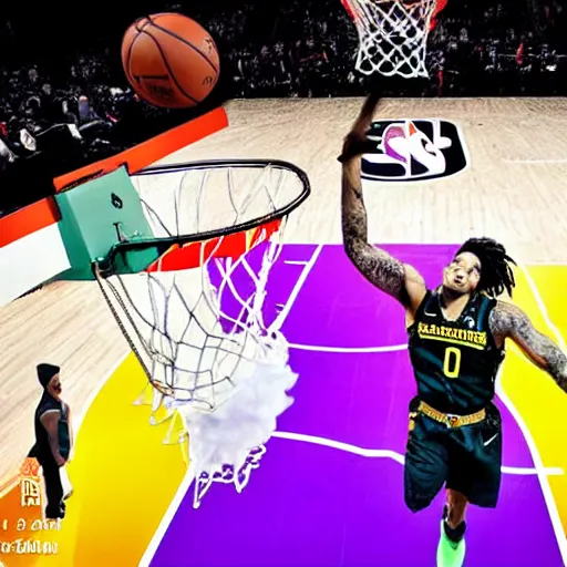 Image similar to photograph of the joker dunking, highlights of the 2 0 1 9 nba slam dunking contest