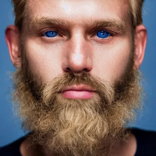 Image similar to close up of face of 4 0 year old anglo slavic blond man with a trimmed blond beard, short wavy blond hair, sapphire blue eyes, portrait, 4 k