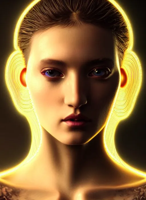 Image similar to a highly detailed long shot photo of very intricate female face portrait, futurism, rococo cyber neon lighting, detailed futuristic fibonacci jewelry, profile posing, hyper photorealistic, crispy quality, digital photography, trending in pinterest, cinematic, 4 k ultra hd, art by pascal blanche, art by greg rutkowski, art by artgerm,