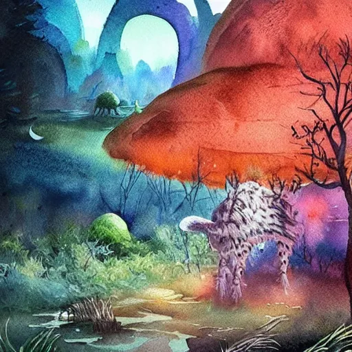 Image similar to beautiful lush natural scene on another planet, with interesting creatures. different than earth but beautiful. lightfall. beautiful detailed artistic watercolor. trending on artstation and deviantart.