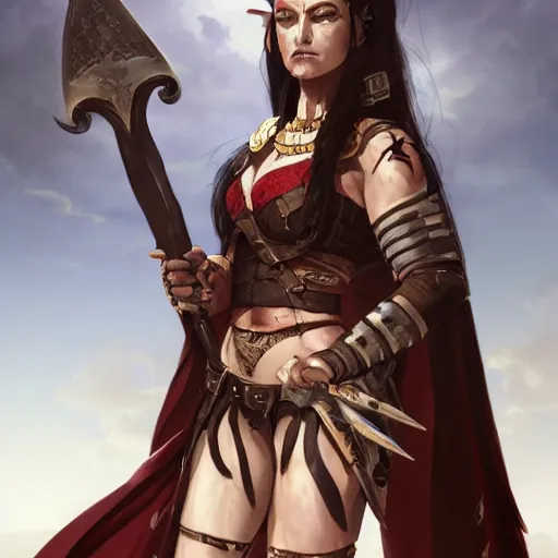 Prompt: portrait of a female berber tiefling barbarian with red skin, devil horns and black hair in a ponytail holding a large sword and wearing a steel chestplate in a desert, fantasy, highly detailed, digital painting, artstation, concept art, character art, art by greg rutkowski, tyler jacobson, alphonse mucha, ross tran and makoto shinkai