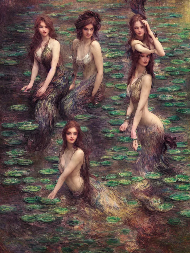 Image similar to illustration studio portrait of three dark beautiful mermaids female energy in artistic poses in the river at the forest, monet painterly motives and textures pattern, hyper detailed, octane render, vivid colors, artstation, by jeremy mann, by alphonse mucha, by monet