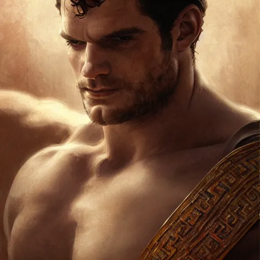 Image similar to Henry Cavill as a Greek gladiator, gorgeous, amazing, muscular, intricate, highly detailed, digital painting, artstation, concept art, sharp focus, illustration, art by greg rutkowski and alphonse mucha