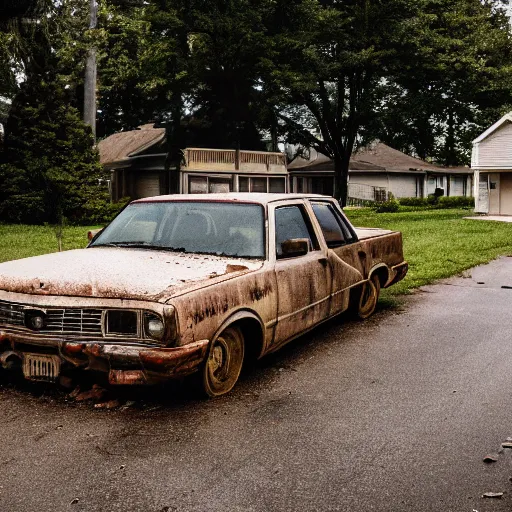 Image similar to an abandoned car in a suburban neighborhood from netflix show stranger things