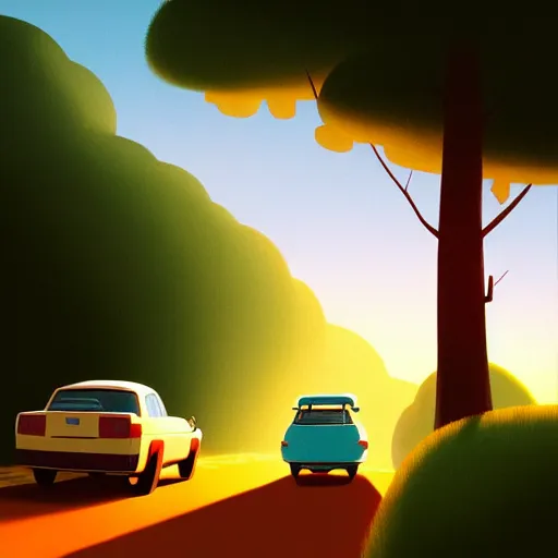 Image similar to goro fujita ilustration rear view of a car equipped with suitcases heading to the forest at sunset, painting by goro fujita, sharp focus, highly detailed, artstation