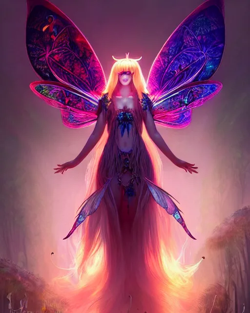 Image similar to stunningly beautiful female faerie priestess in amanita muscaria forest landscape, symmetrical wings on back, neon hair, fantasy art, dark light night, sharp focus, digital painting, 4 k, concept art, art by wlop, artgerm, greg rutkowski and alphonse mucha