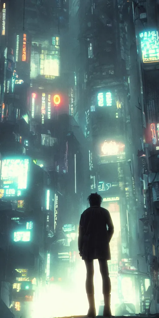 Prompt: a cyberpunk under-dweller in a sprawling Moon city, Koji Morimoto, Akira, Blade Runner, Necromunda, rendered in unreal engine 3D, octane render, volumetric lighting, anti aliasing, clean linework