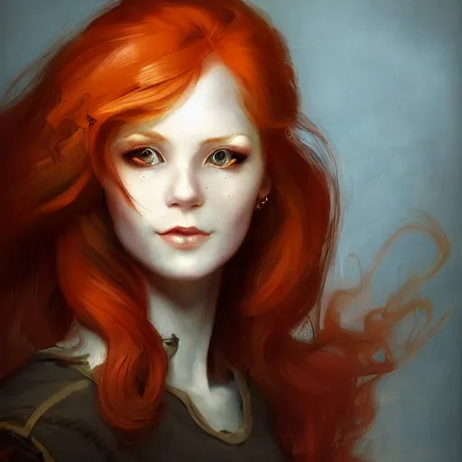 Image similar to beautiful portrait of a young redhead woman bard smilling, trending on artstation, trending on deviantart, by Peter Mohrbacher