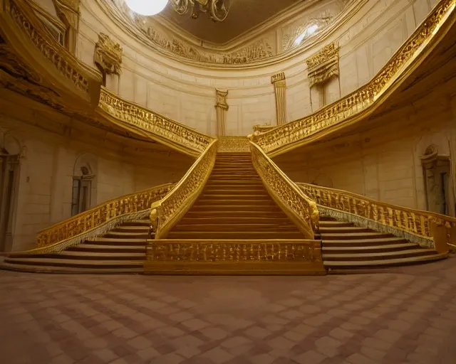 Image similar to city sized clay sculpture in a huge room. golden staircase that ascends towards the moon