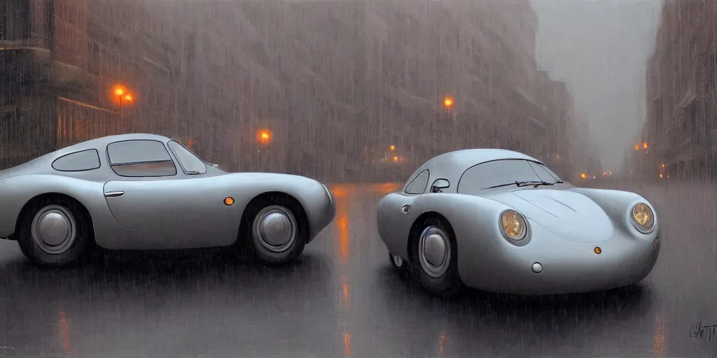 Prompt: Mysterious figure at a silver Porsche 550 with its headlights on, parked on the side of the road in the city of Cologne in the rain, by George Tooker, moody, ominous, lighting, hyper-realistic.