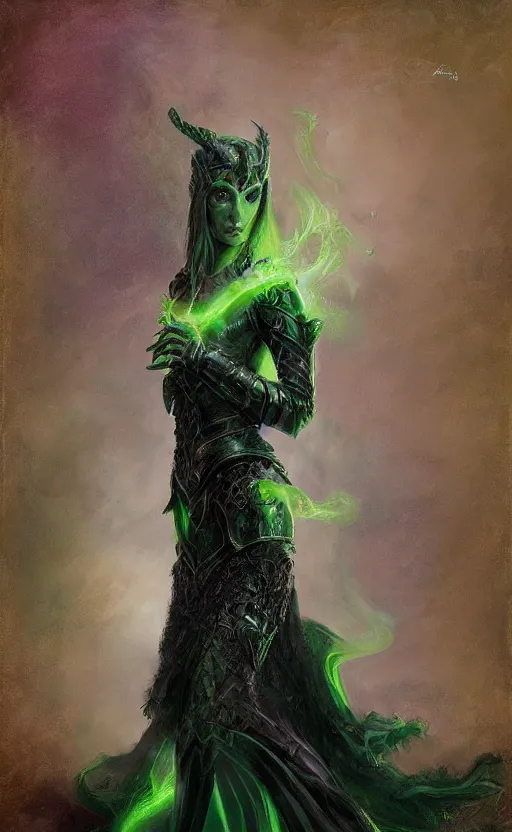 Prompt: Gothic princess in dark and green dragon armor. By Konstantin Razumov, Fractal flame, chiaroscuro, highly detailded