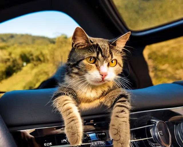 Image similar to top view of cabriolet, cat sitting in driver seat with paws on steering wheel, golden hour