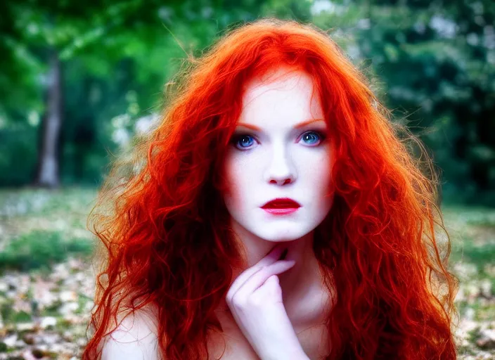 Image similar to award winning 5 5 mm close up face portrait photo of an anesthetic and beautiful redhead woman who looks directly at the camera with blood - red wavy hair, intricate eyes that look like stars, and fangs, in a park by luis royo. rule of thirds.