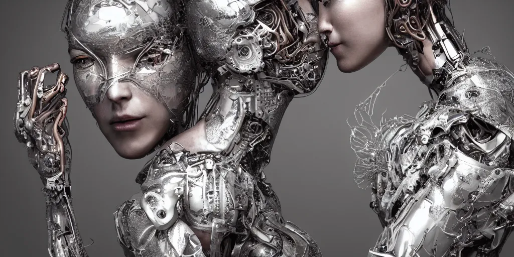 Image similar to hyperrealistic photography of a stunningly cyborg female, intimate, holding hands, kissing, chrome. in the style of beth cavener, jin kagetsu,, and wlop, highly detailed, intricate filigree, chrome face symmetry, masterpiece, award - winning, sharp focus, concept art, high key, ambient lighting, 8 k, octane render, artstation