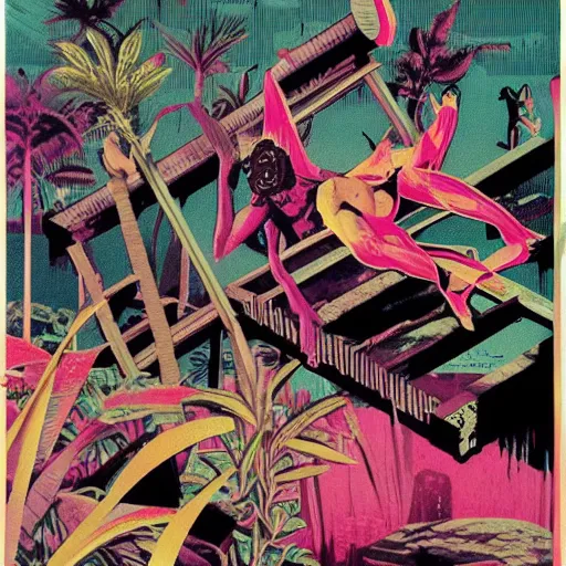 Prompt: 1980 xerox fanzine cutout collage, ancient greek, morning hour on Jupiter, punk party, tropical plants, painted part by Kilian Eng, part by robert doisneau, part by zdzisław beksiński, composition by aleksi briclot, VHS quality