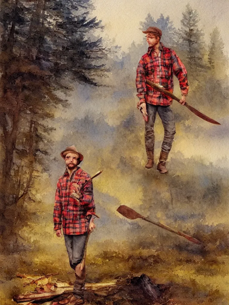 Image similar to a watercolor painting of a man wearing lumberjack clothes and holding a axe by william turner, forest in the background, warm colors, anatomically correct, five fingers, realistic and defined face, realistic, digital painting, masterpiece, watercolor, william turner, symmetrical, low contrast, warm