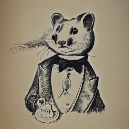 Image similar to a portrait of a jaunty gentleman ferret wearing a monocle by edward gorey