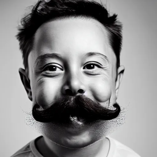 Image similar to toddler elon musk with long mustache and epic beard, 5 0 mm, studio lighting