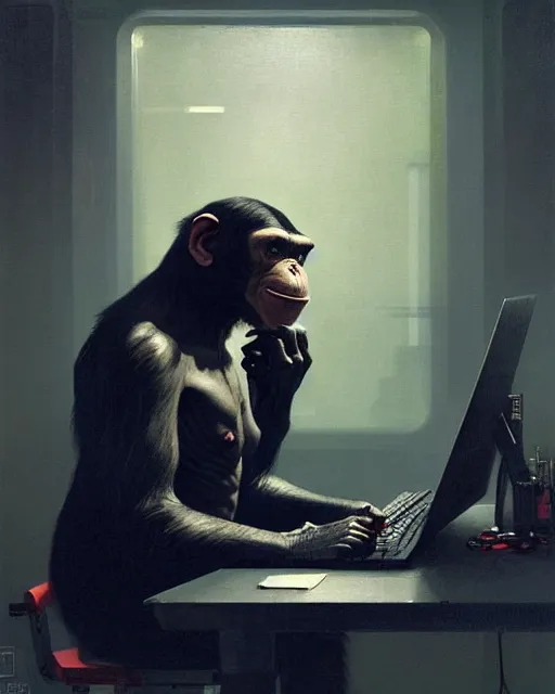 Image similar to cyberpunk hacker chimpanzee at the computer. sci - fi art by greg rutkowski, gustave courbet, rosa bonheur, edward hopper. faithfully depicted facial expression, perfect anatomy, sharp focus, global illumination, radiant light, detailed and intricate environment, trending on artstation