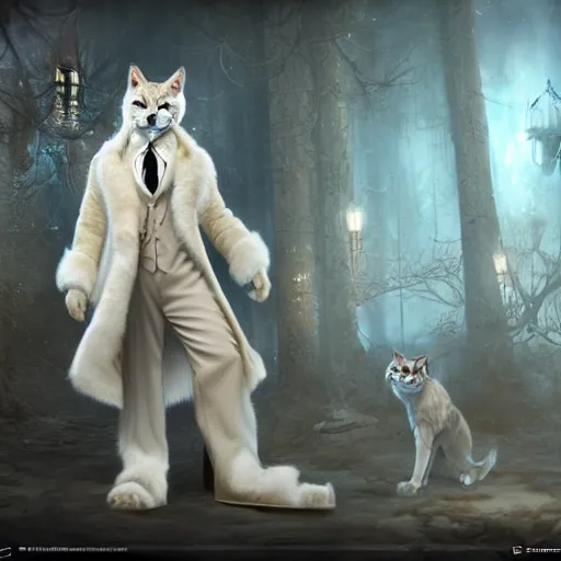 Prompt: white anthropomorphic lynx in victorian white man suit and white fur coat, lynx face, full body with cat paws by craig mullins and noriyoshi ohrai, unreal engine character, furry art, steampunk fantasy style, 4 k, trending on artstation