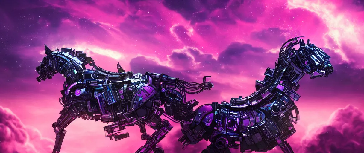 Prompt: space, a mechanical horse with a pink mohawk drives a pirate spaceship, punk, hyperdetailed illustration, stars, pink, neon, oil painting, rich deep colors masterpiece, ultra detailed, contrast, heaven pink, clouds, volumetric light, atmospheric lighting, dramatic, cinematic, moody, octane render 4 k, 8 k