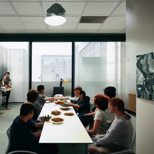 Prompt: An office, a group of people eating. Wide Angle shot,trending on artstation