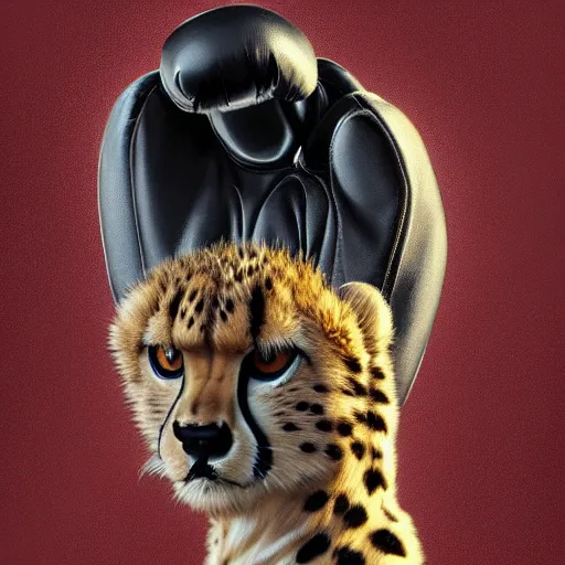 Image similar to cheetah wearing boxing gloves, high resolution, award winning, artstation, concept art,