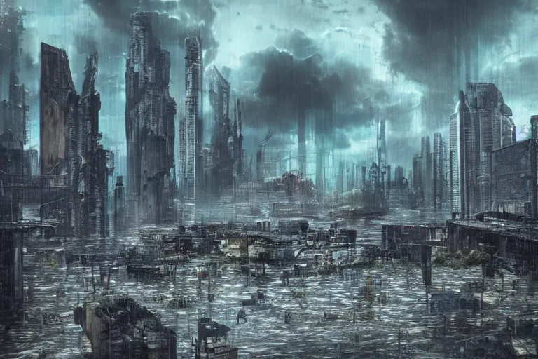 Image similar to flooded cyberpunk city ruins stormy sky