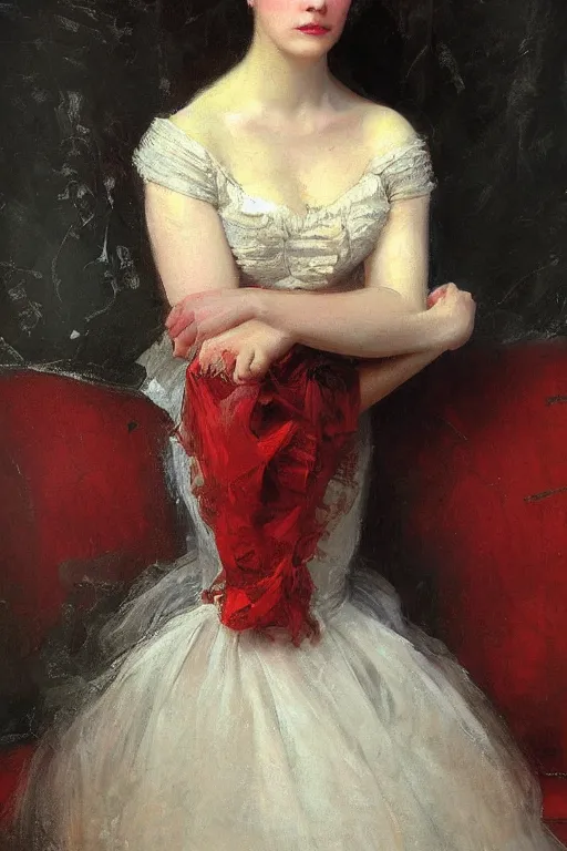 Prompt: Solomon Joseph Solomon and Richard Schmid and Jeremy Lipking victorian genre painting full length portrait painting of a young beautiful woman victorian socialite , red background