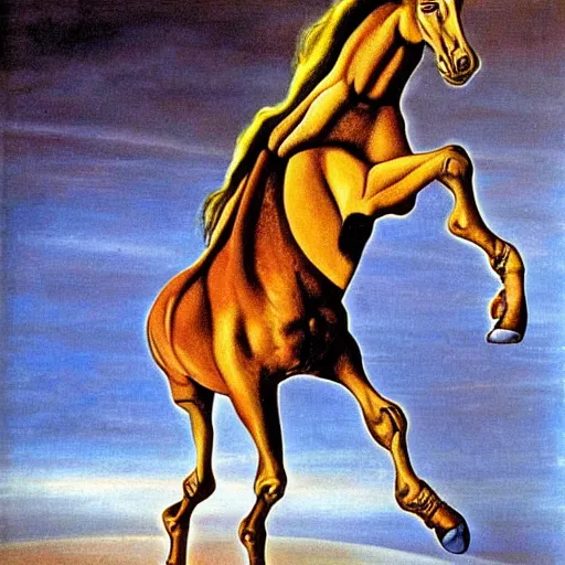 Prompt: A horse with wheels splits the fabric of time. Painting by Salvador Dali.