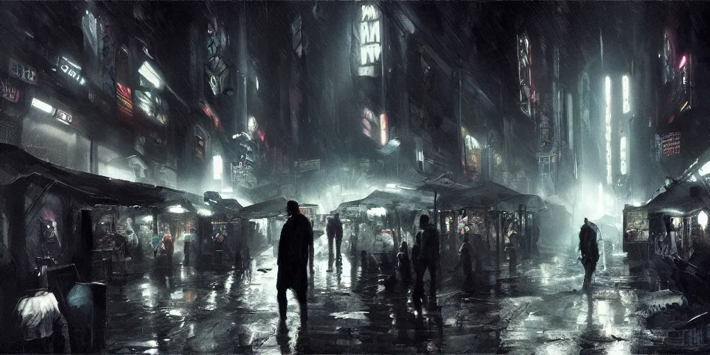 Image similar to underground flea market, artstation contest winner. blade runner, dark and moody. detailed paint, photorealistic