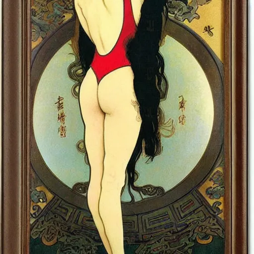 Prompt: a young gorgeous Chinese woman wearing sport racing competitive one piece swimsuit leotard, worksafe, by Alphonse Mucha