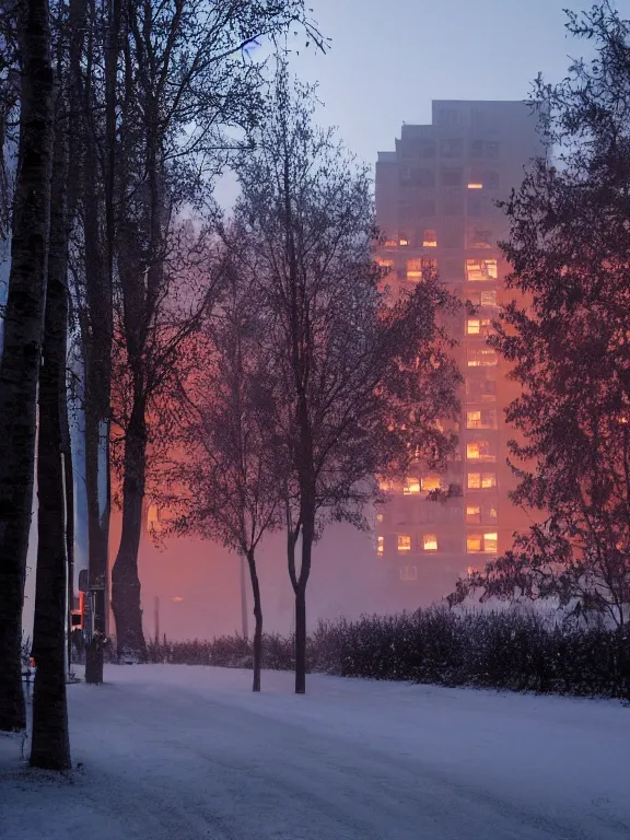 Image similar to beautiful film still of a residential block building in russian suburbs, low, lights are on in the windows, dark night, post - soviet courtyard, cozy and peaceful atmosphere, fog, cold winter, snowing, streetlamps with orange volumetric light, several birches nearby, elderly man stand at the entrance to the building