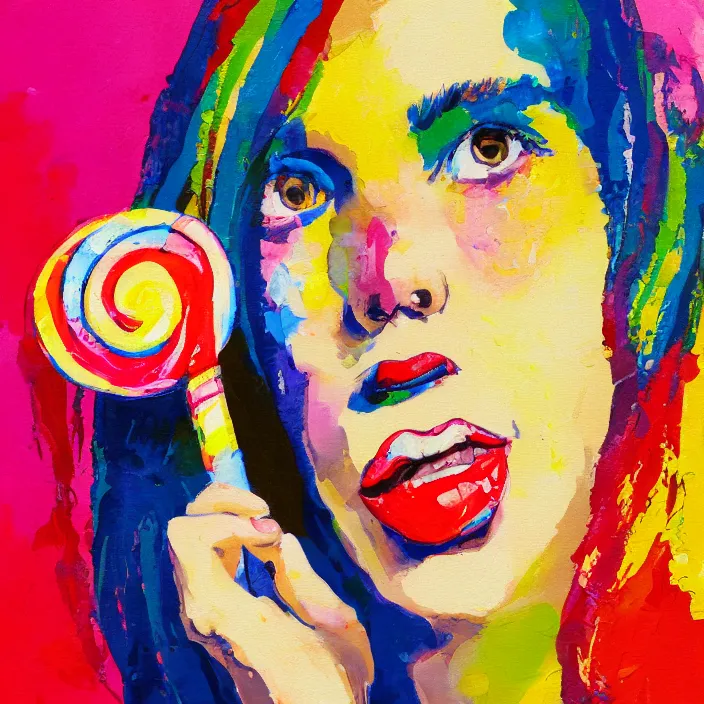 Image similar to portrait of beautiful woman licking a lollipop painted with colorful gouache impasto