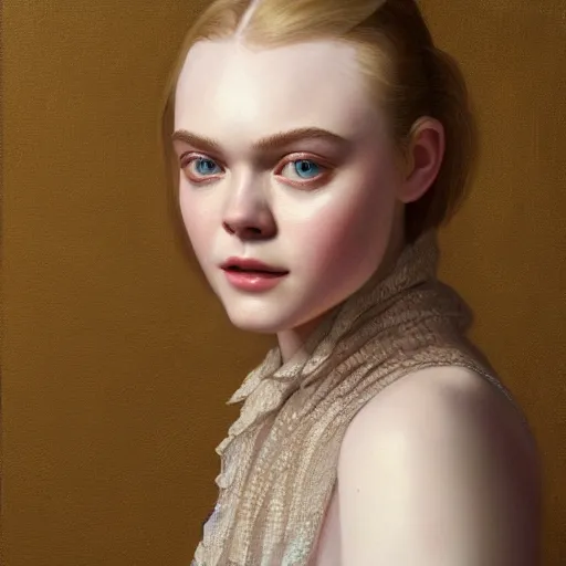 Prompt: portrait of a elle fanning wearing snakeskin, detailed realism face in painting, detailed beautiful portrait, oil painting masterpiece, 8 k resolution, smooth, sharp focus, trending on artstation, by rembrandt