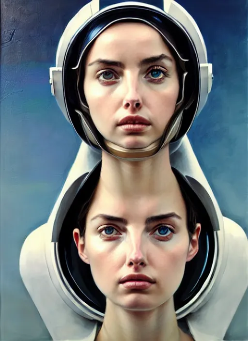 Image similar to artwork by james jean and Phil noto; a close up on the face of a beautiful woman that looks like Ana de armas in a future space suit; wearing futuristic astronaut helmet; highly detailed; pretty eyes; circular black pupils; artwork by james jean and Phil noto