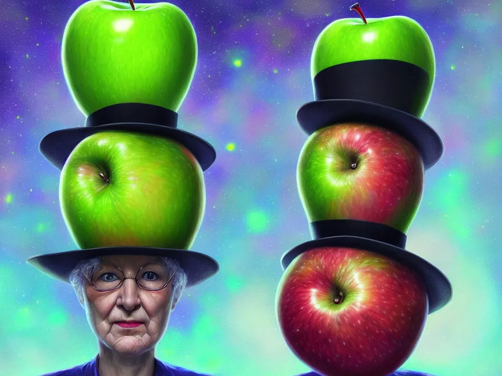 Image similar to Psychedelic portrait of a Granny Smith apple with google eyes floating in space wearing a top hat , volumetric lighting, artstation, digital painting, very high detail, hyperrealistic, vivid color