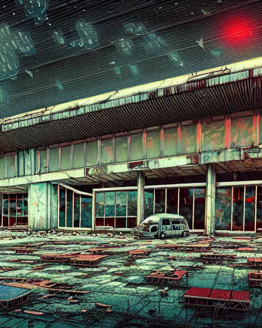 Image similar to a beautiful detailed illustration of abandoned building bus station by denise scott brown, apocalyptic tundra reclaimed by nature wilderness magic realism junglepunk liberty city studio ghibli thermal vision poppy cyberpunk meadow thermal imaging darkacademia biopunk dramatic lighting, archdaily, wallpaper, highly detailed, trending on artstation.