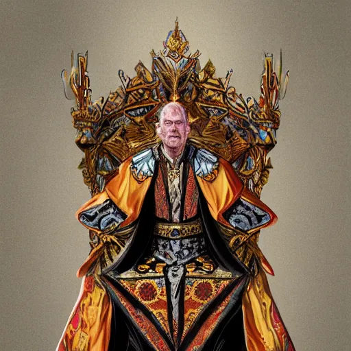 Prompt: A monarch in ceremonial robes drawn on a throne ,D&D, elegant, hopeful, muscular, badass, highly detailed, digital painting, artstation, concept art, smooth, sharp focus, illustration