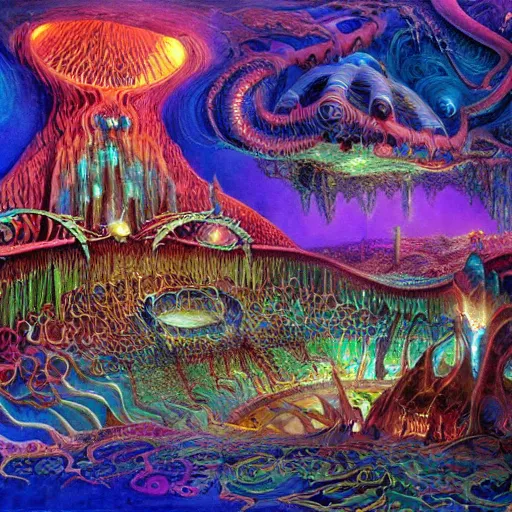 Prompt: eldritch occult supercomputer laboratory By Roger Dean, by Josephine Wall. Behance HD. Trending on artstation.