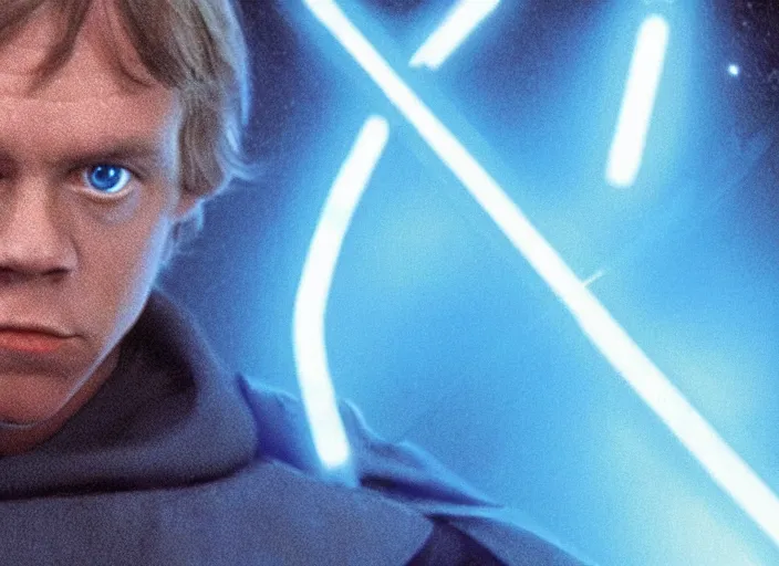 Image similar to screenshot from the lost star wars film, blue transparent hologram of Luke Skywalker, iconic scene from Star Wars, directed by Stanely Kubrick, moody cinematography, with anamorphic lenses, crisp, detailed, 4k