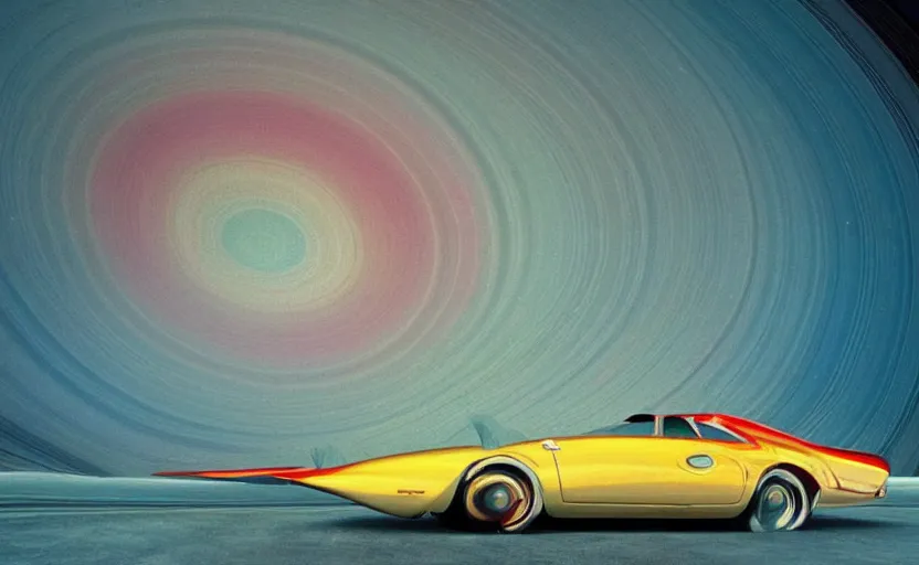 Image similar to a retro photo of a cool car driving on saturn's rings, colorful, vibe, bloom, bloomy