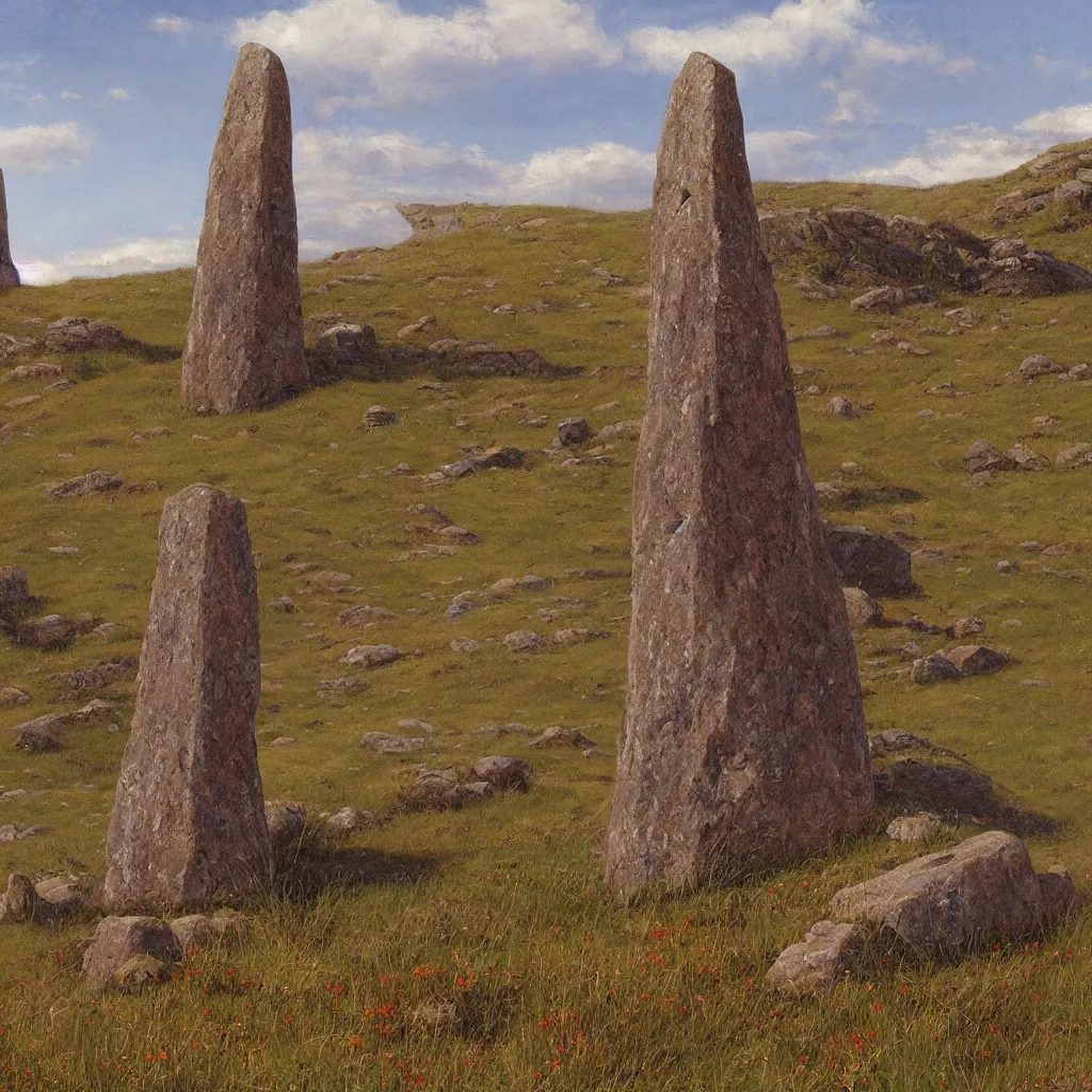 Prompt: meadow mountain landscape with a menhir in the foreground, medieval warriors wearing plate armor resting on the top of a menhir, red flag with a dot, by ted nasmith